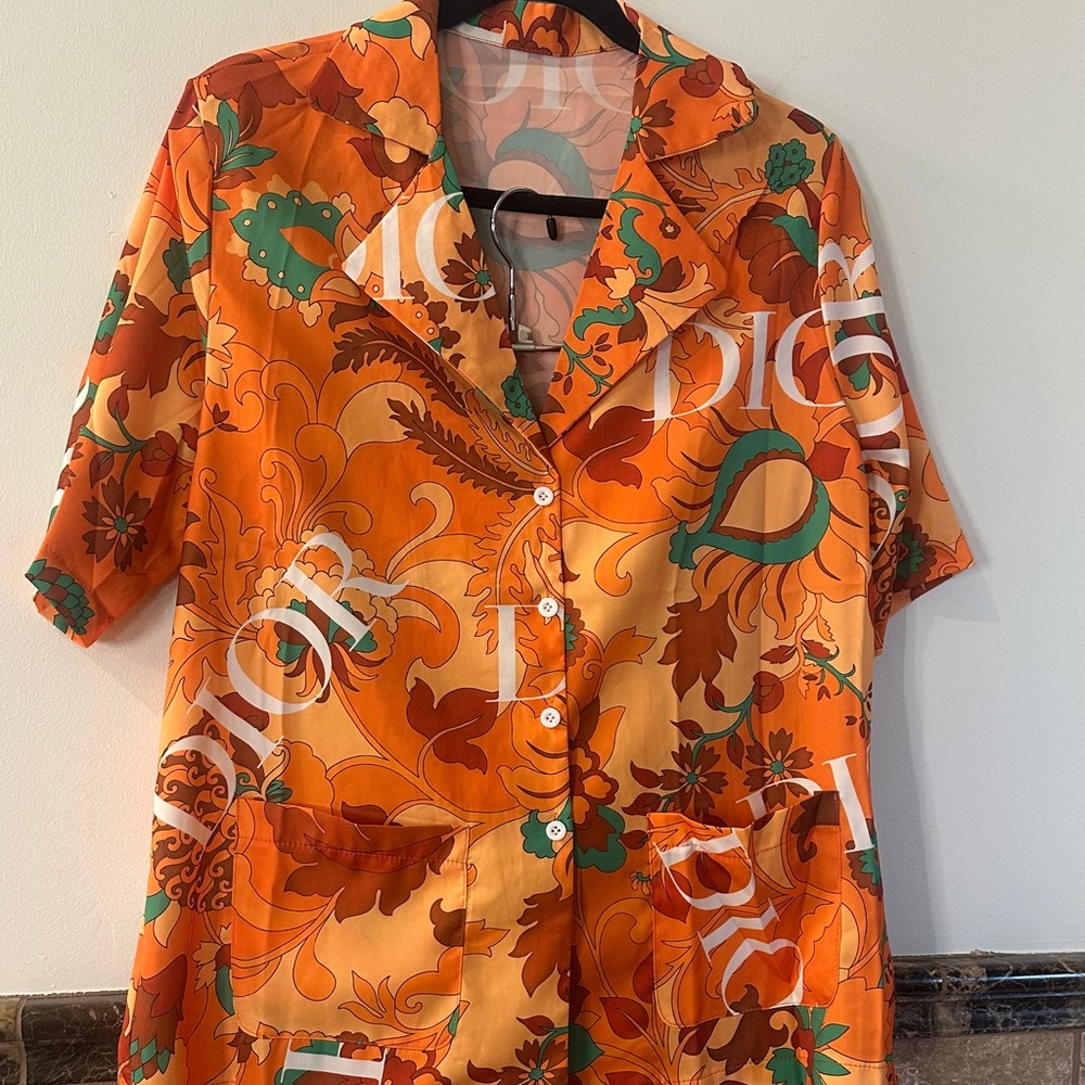 Vibrant Orange and Green Floral Shirt and matching pants cover-up /loungewear